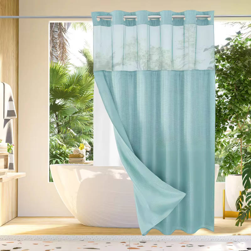 No Hook Waffle Pattern Shower Curtain with Mesh Window