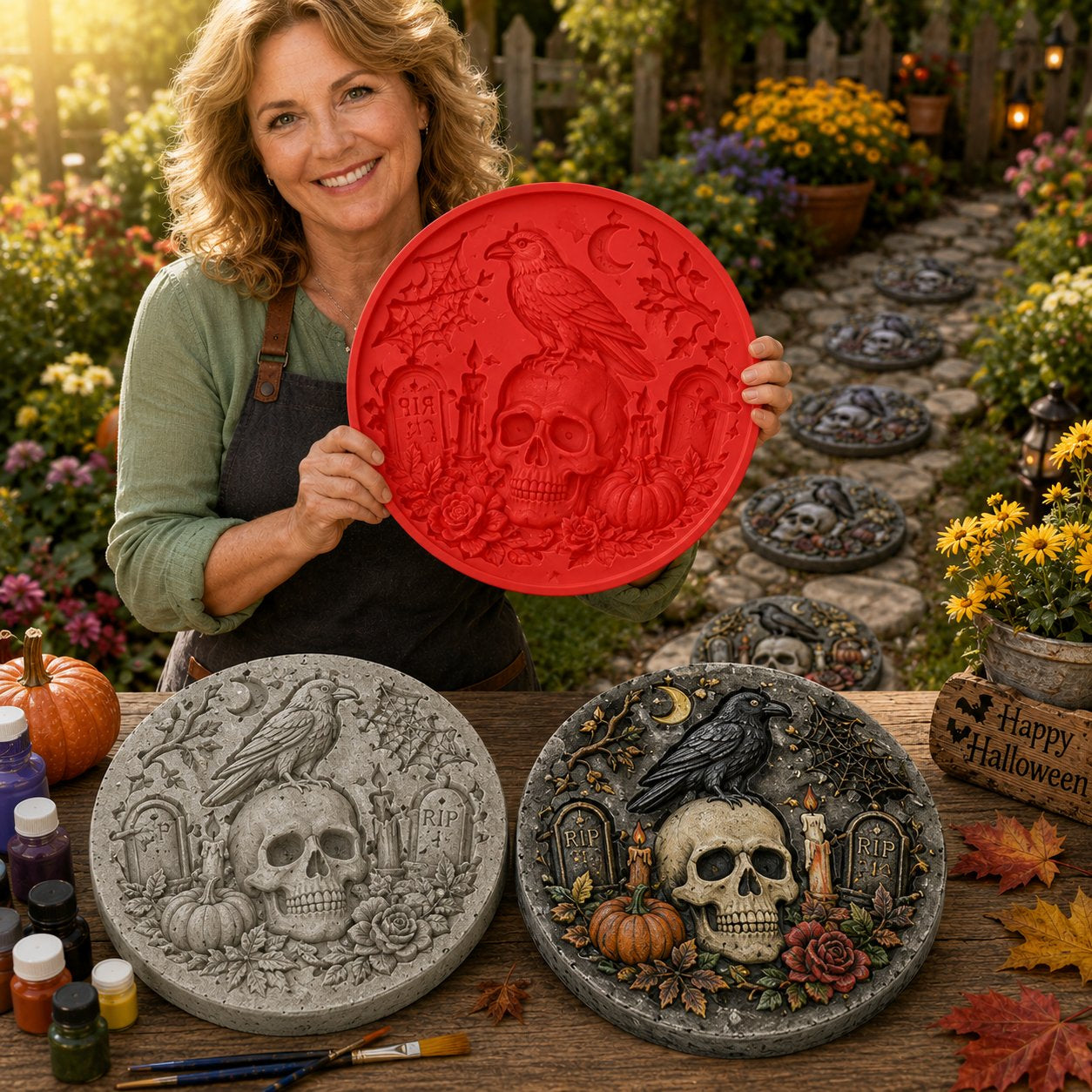 Reusable Haunted Pumpkin Halloween Stepping Stone Mold