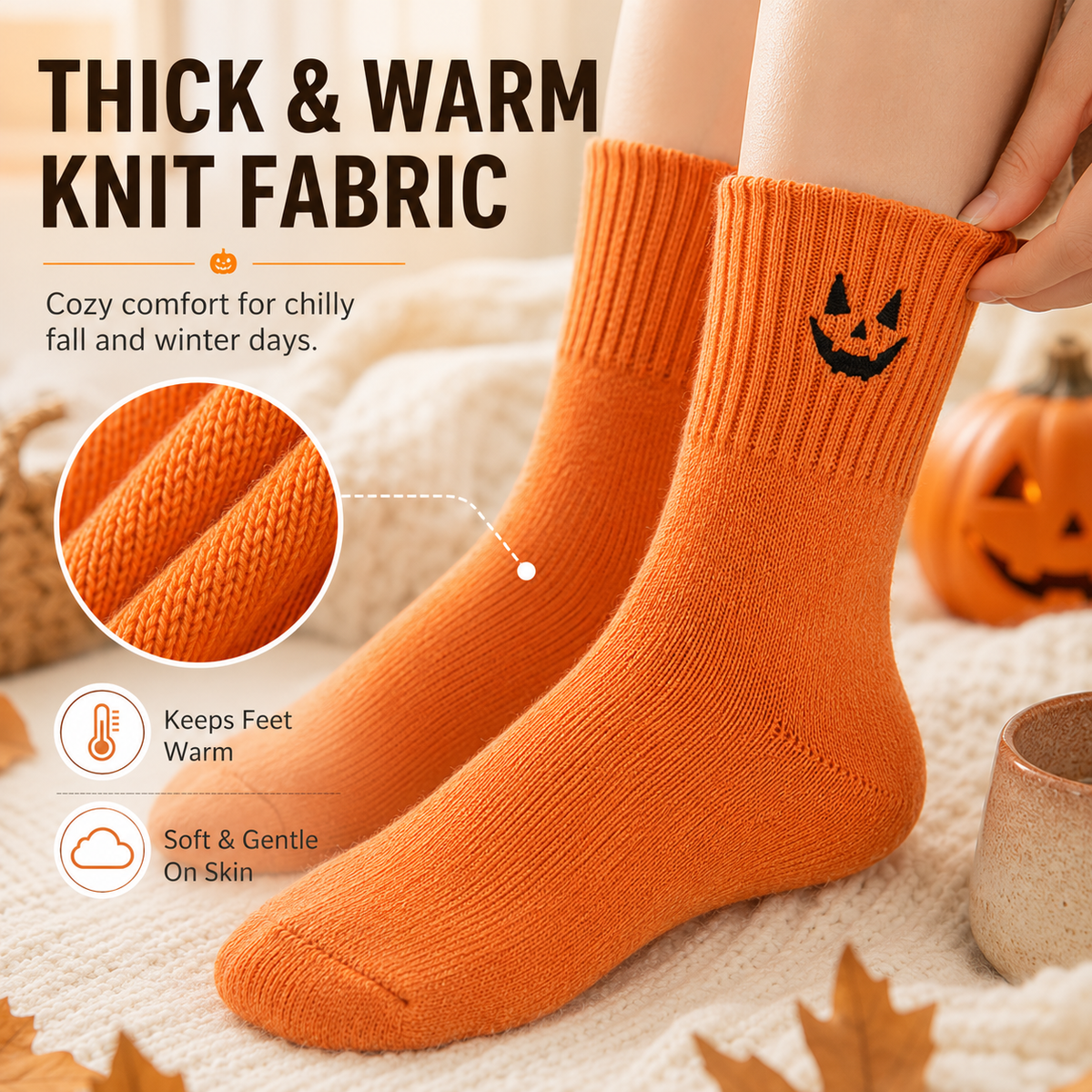 Unisex Halloween Embroidered Mid-Calf Socks Thick Knitted Cozy Warm Stockings