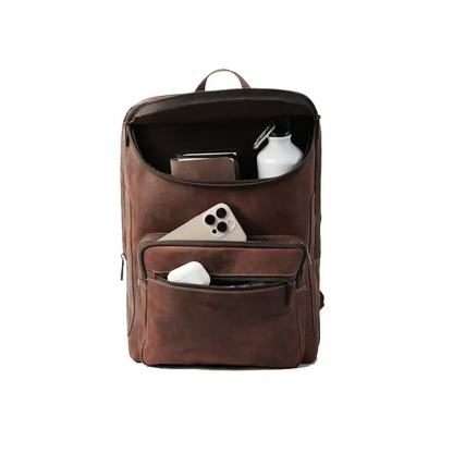Happy Shopee Pull-Up Cowhide Leather Triple-Compartment Backpack - 16" Laptop Capacity