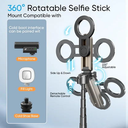 Magnetic Selfie Stick with Wireless Remote and Tripod Base, 360° Rotation