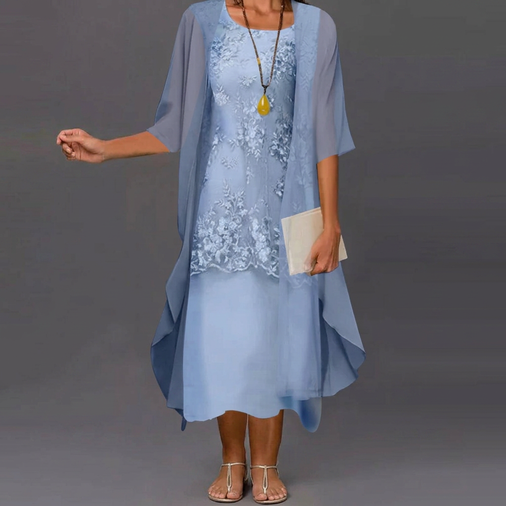 Two Piece Chiffon Dress with Lace Accents and Flowing Fabric for Formal Events