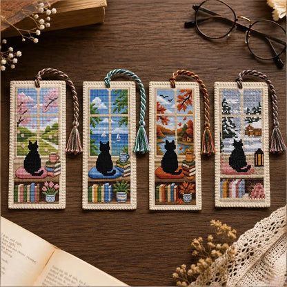 Seasonal Cat Cross Stitch Bookmark – Cozy Reading Companion
