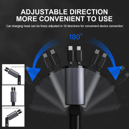 Car Charger with Dual Retractable Cables and Four Charging Ports
