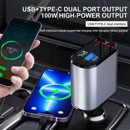 Car Charger with Dual Retractable Cables and Four Charging Ports
