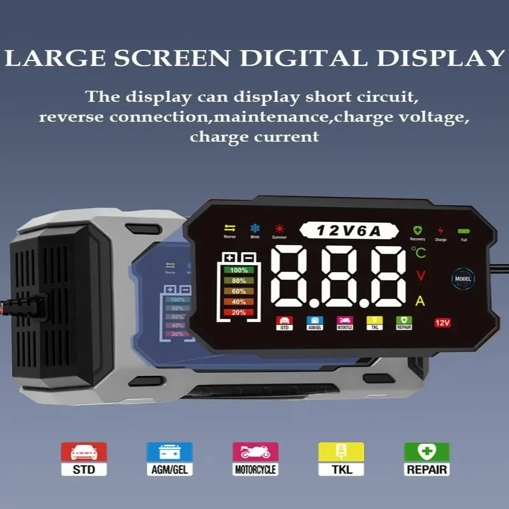 12V Battery Charger with Digital Voltage Display and Four Charging Modes