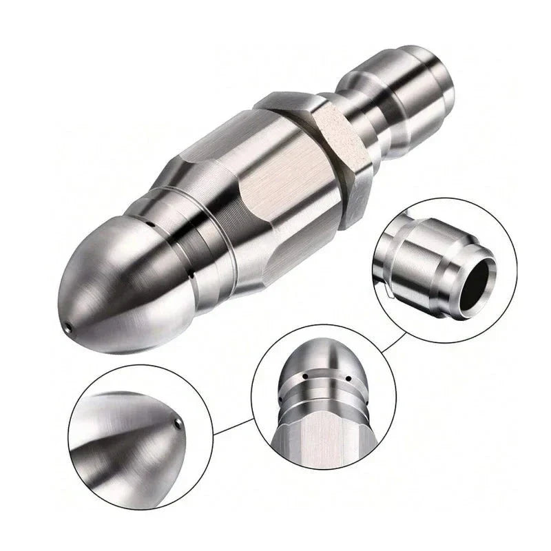 High Pressure Sewer Cleaning Nozzle with Stainless Steel Pointed Tip and Angled Spray Jets