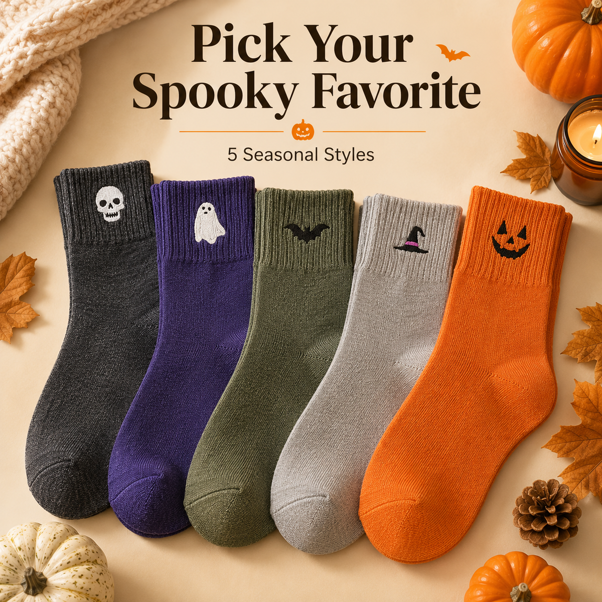Unisex Halloween Embroidered Mid-Calf Socks Thick Knitted Cozy Warm Stockings