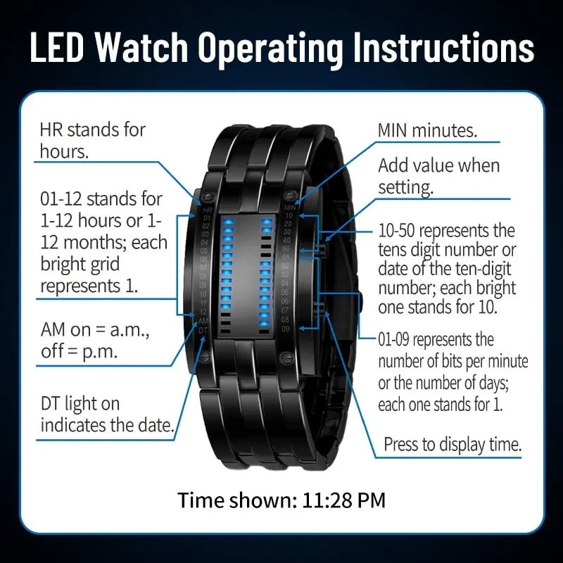 Binary LED Digital Watch, Square Face with Stainless Zinc Alloy Band, Unisex Casual Timepiece