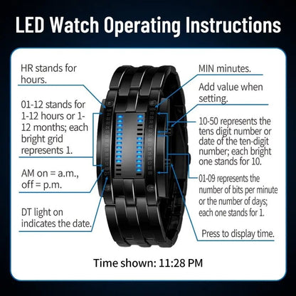 Binary LED Digital Watch, Square Face with Stainless Zinc Alloy Band, Unisex Casual Timepiece