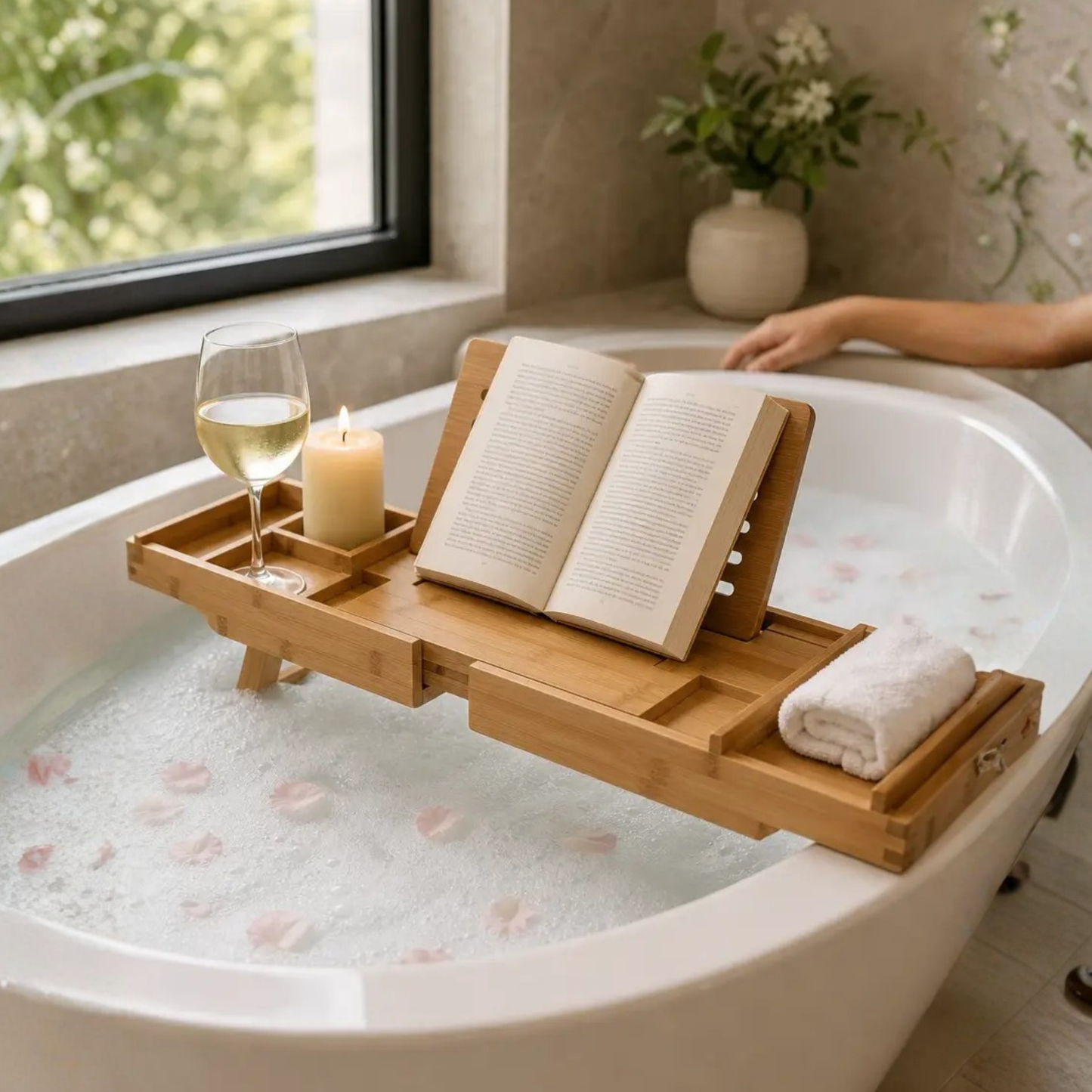Expandable Bamboo Bathtub Tray with Device Compartments and Angled Tablet Holder