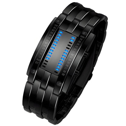 Binary LED Digital Watch, Square Face with Stainless Zinc Alloy Band, Unisex Casual Timepiece