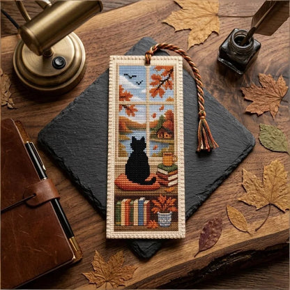 Seasonal Cat Cross Stitch Bookmark – Cozy Reading Companion
