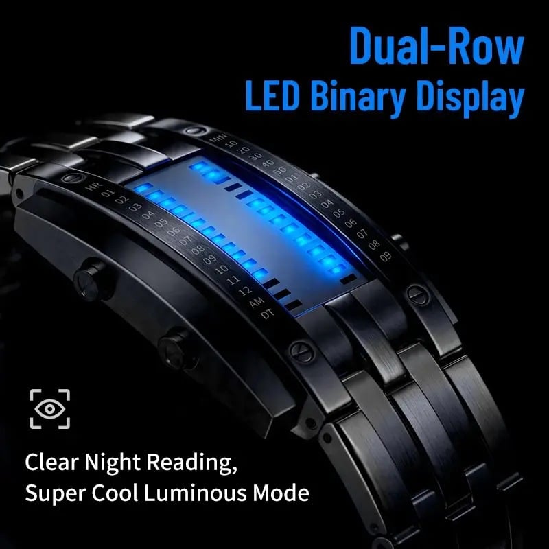 Binary LED Digital Watch, Square Face with Stainless Zinc Alloy Band, Unisex Casual Timepiece
