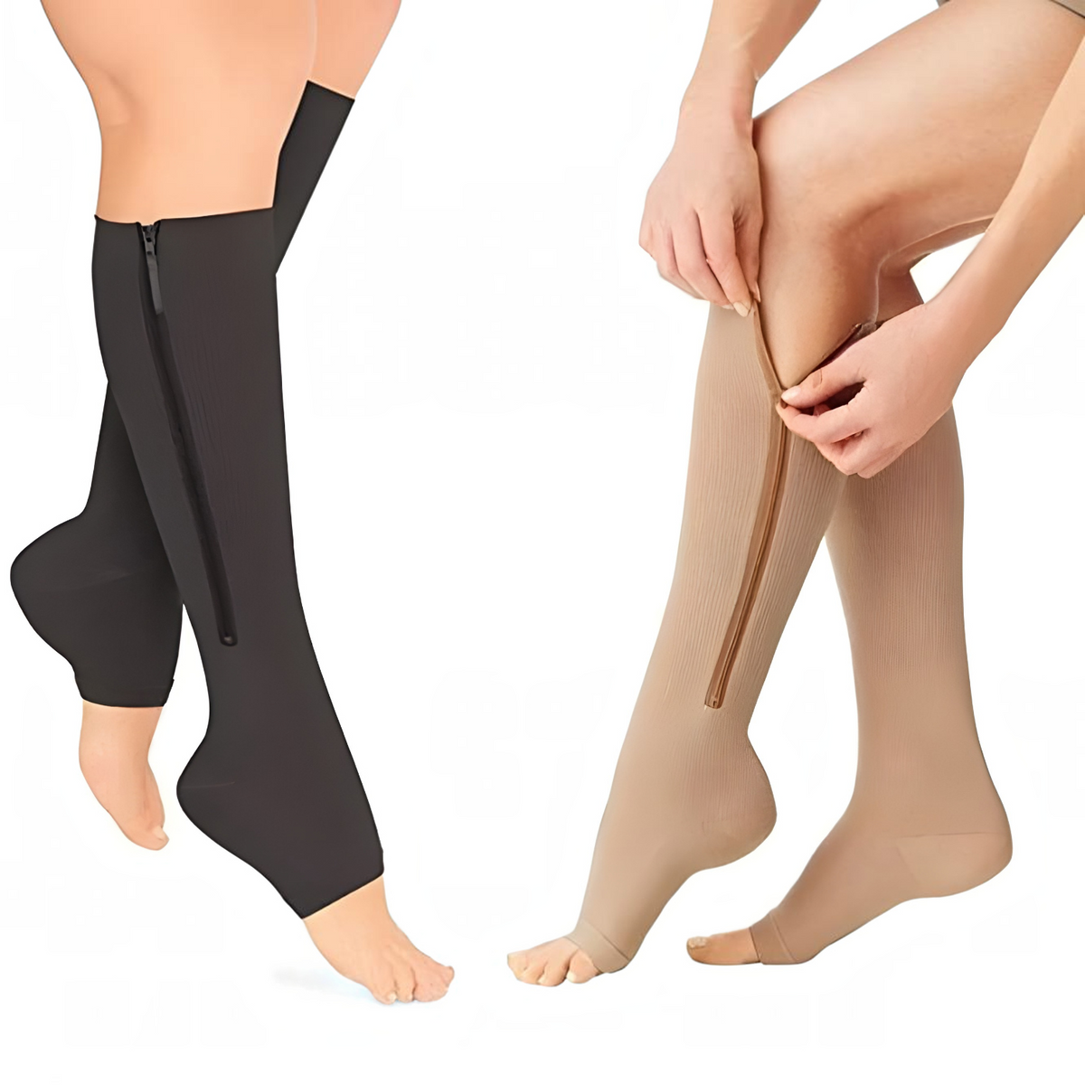 Knee High Compression Socks with Side Zipper and Open Toe, 20-30 mmHg