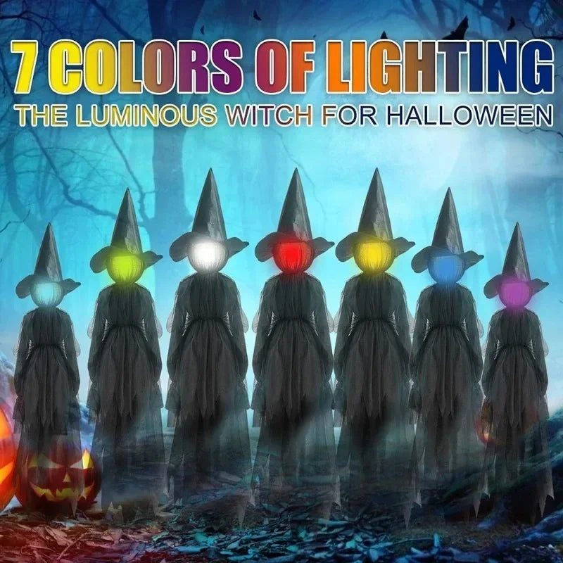 Glowing Witch Figures with Sound-Activated Sensors and Flickering Heads, Hand-Holding Formation