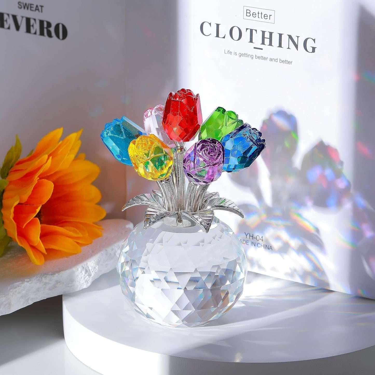 Colorful Rose Flower Collectible Figurine with Vase