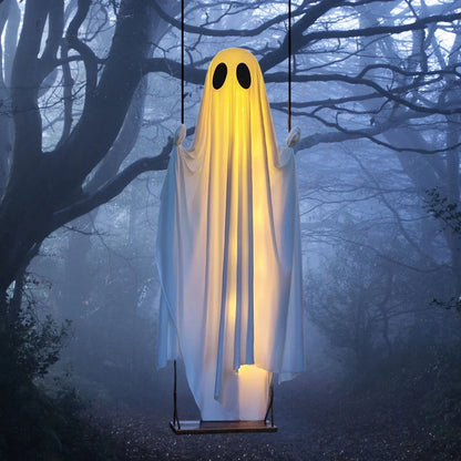 Outdoor Ghost Swing with String Lights and Wooden Seat for Halloween Porch Display