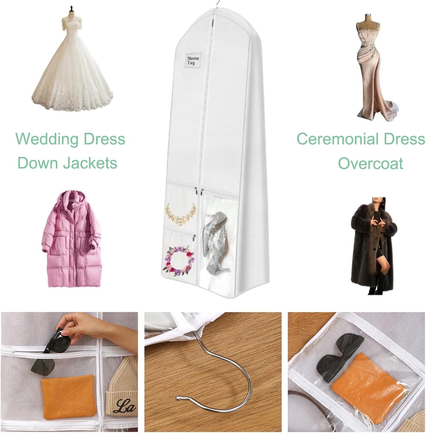 Bridal Garment Bag with Water Resistant Fabric and Clear Storage Pockets, 70in Length