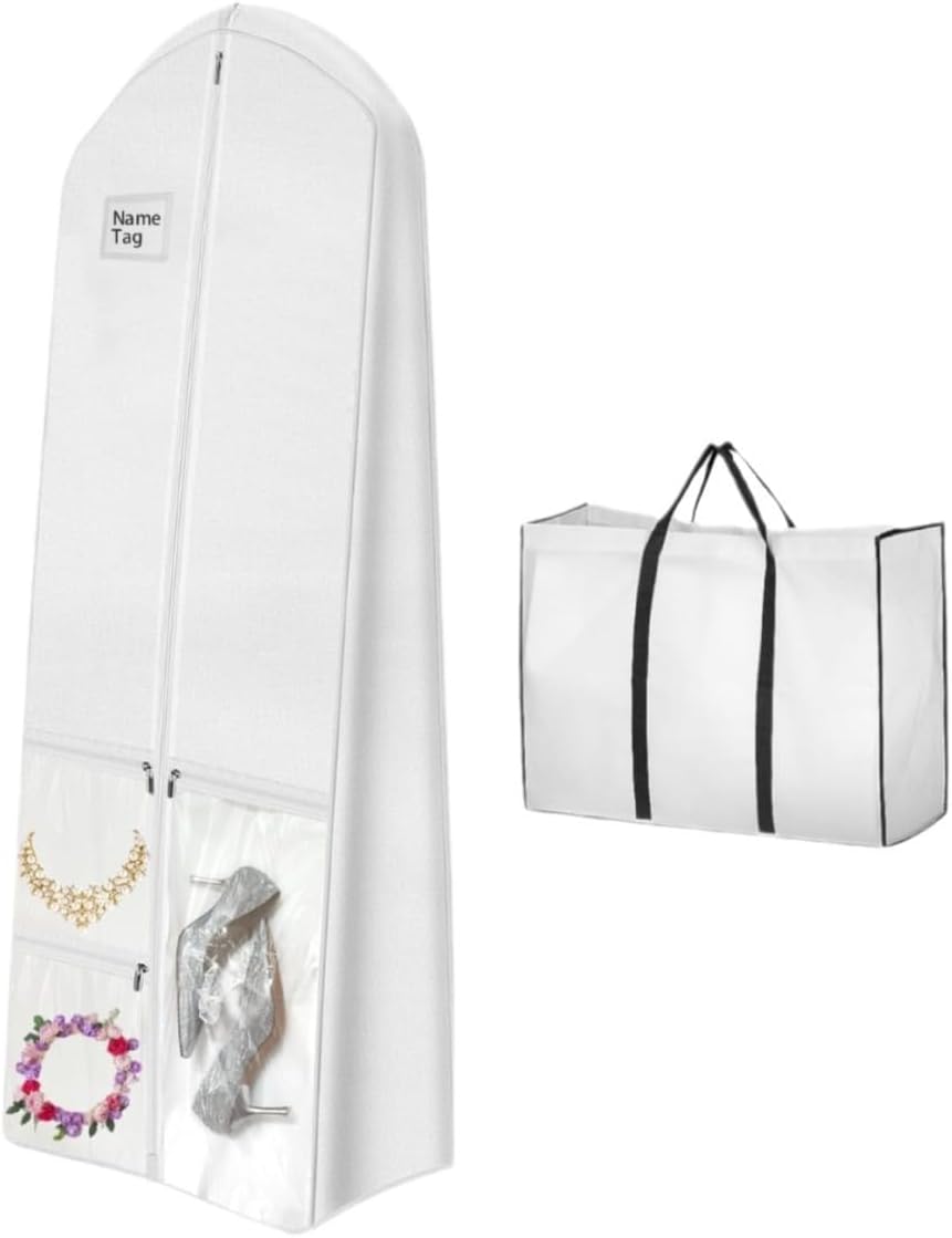 Bridal Garment Bag with Water Resistant Fabric and Clear Storage Pockets, 70in Length