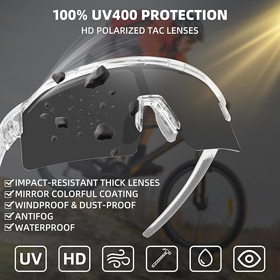 Photochromic Sports Sunglasses with UV Protection and Gray Tint, Unisex