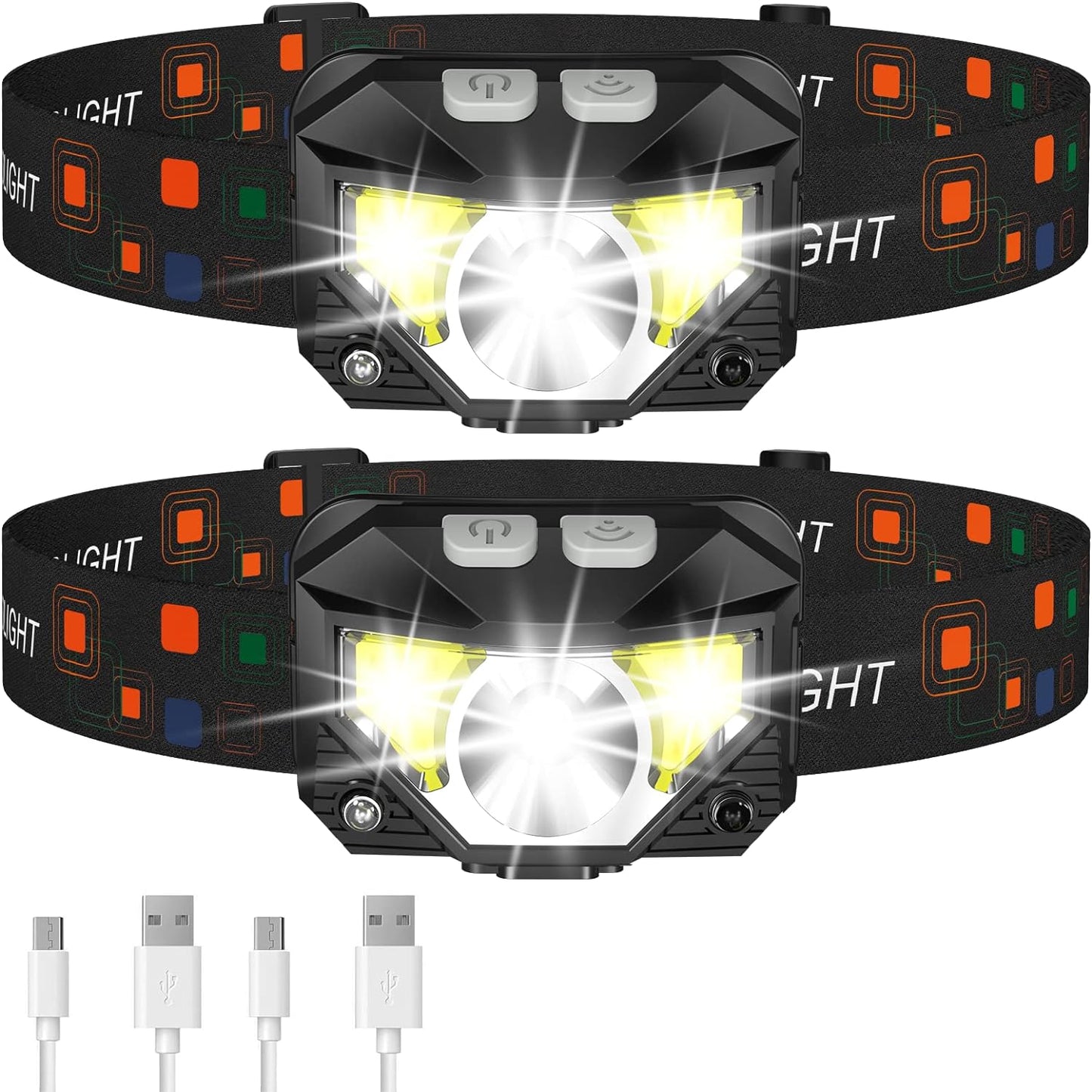 Rechargeable LED Headlamp with Motion Sensor and 1200 Lumen Output, Water Resistant 2-Pack