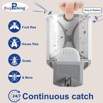 Bug Parking Flying Insect Trap, Plug-in UV Light for Gnats, Fruit Flies and Houseflies, Silent Sticky Catcher for Indoor Use, 1 Device & 3 Refills
