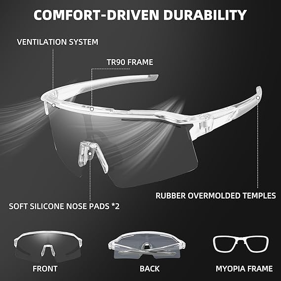 Photochromic Sports Sunglasses with UV Protection and Gray Tint, Unisex