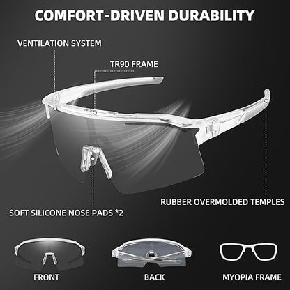 Photochromic Sports Sunglasses with UV Protection and Gray Tint, Unisex