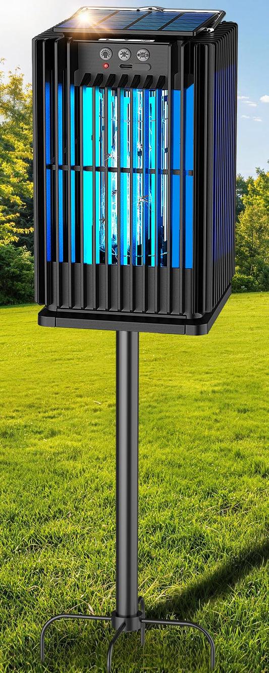 Solar Bug Zapper Outdoor, Solar Mosquito Zapper Outdoor with Ground Bracket, AUTO On/Off Solar Fly Zapper with Illuminated Light, Rechargeable Cordless Mosquito Traps for Camping Paito Backyard Garden