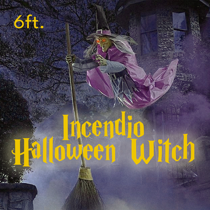Cloth Flying Witch Decoration with Ground Stake and Broom, 6-Foot Height