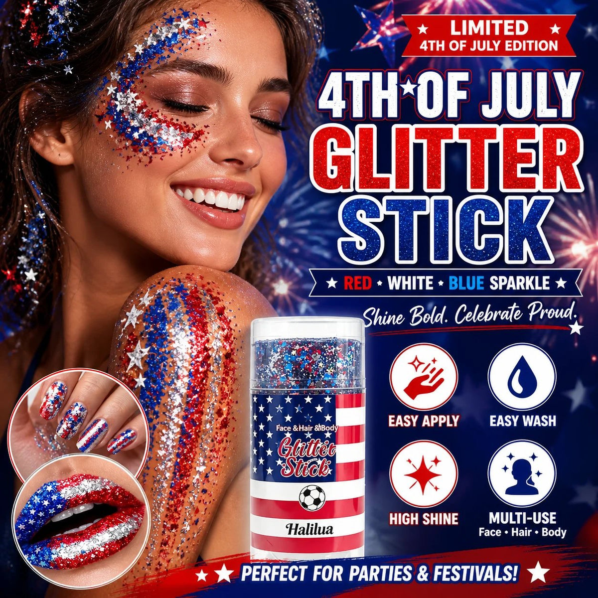4th of July Glitter Stick - Red, White & Blue Body & Hair Sparkle