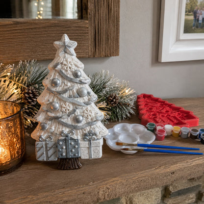DIY Christmas Tree Mold & Paint Craft Kit | Reusable 3D Mold with 8 Acrylic Paints, 2 Brushes & Festive Detail Guide