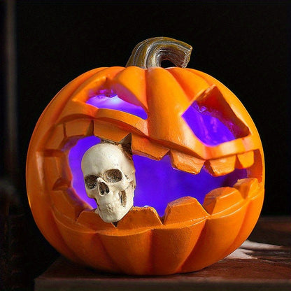 Carved Jack O'Lantern Ornament with Skull Insert and Resin Construction