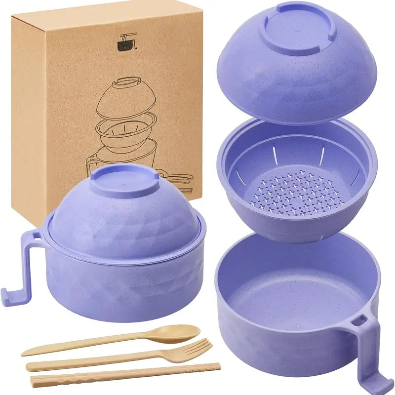 Microwave Ramen Bowl Set with Secure Lid and Cool Handle, 6-Piece Set