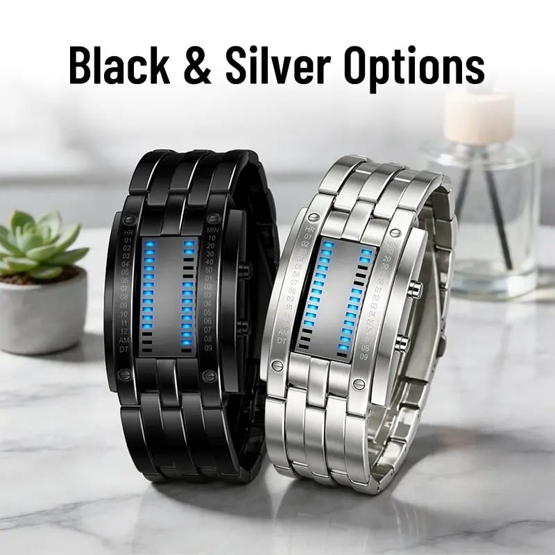 Binary LED Digital Watch, Square Face with Stainless Zinc Alloy Band, Unisex Casual Timepiece