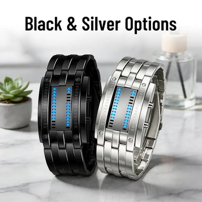 Binary LED Digital Watch, Square Face with Stainless Zinc Alloy Band, Unisex Casual Timepiece