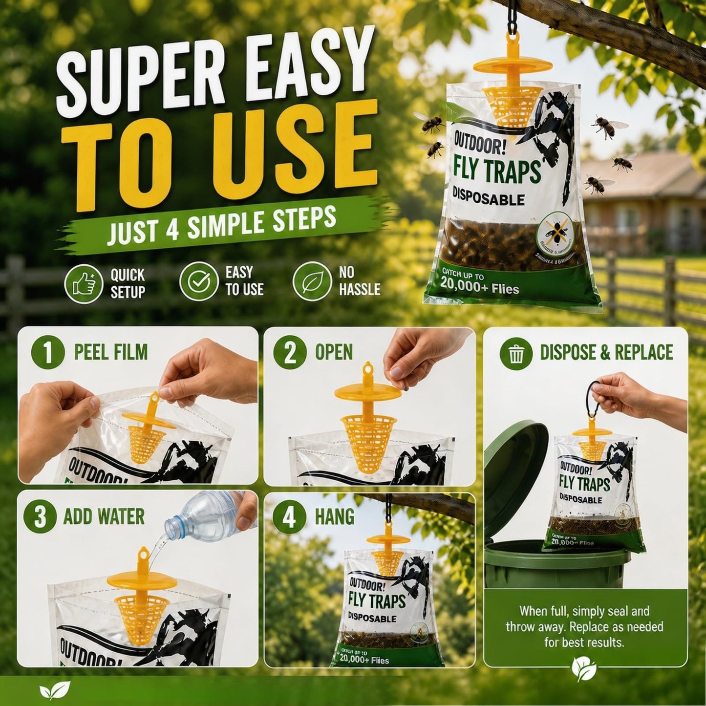 9 Pack Disposable Fly Traps Outdoor Hanging Add Water - Portable Fly Catcher Outdoor Flying Insect Trap Fly Traps for Ranch/Barn/Patio/Campsite
