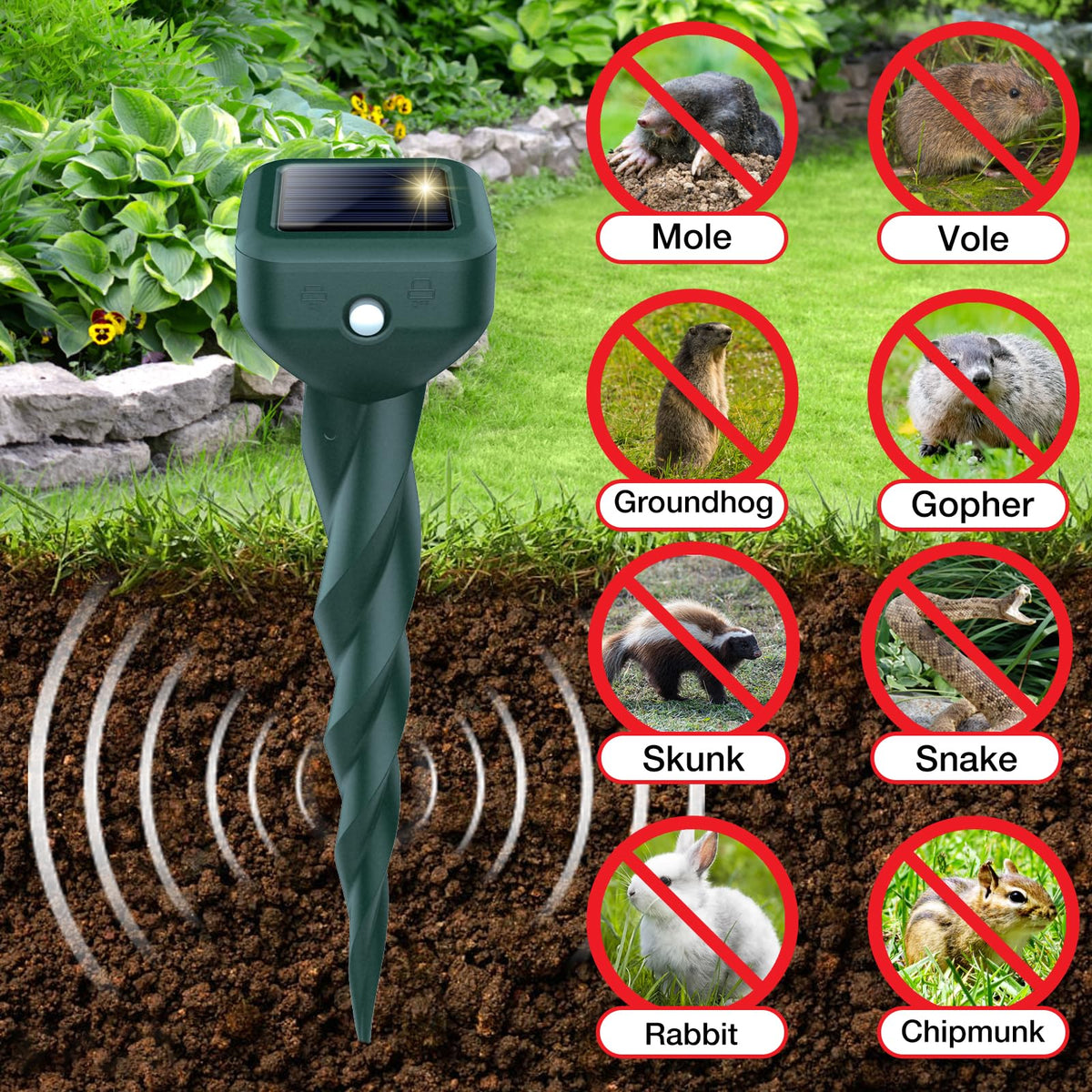 Mole Repellent Solar Powered, 4 Pack Snake & Skunk Repellent for Yard