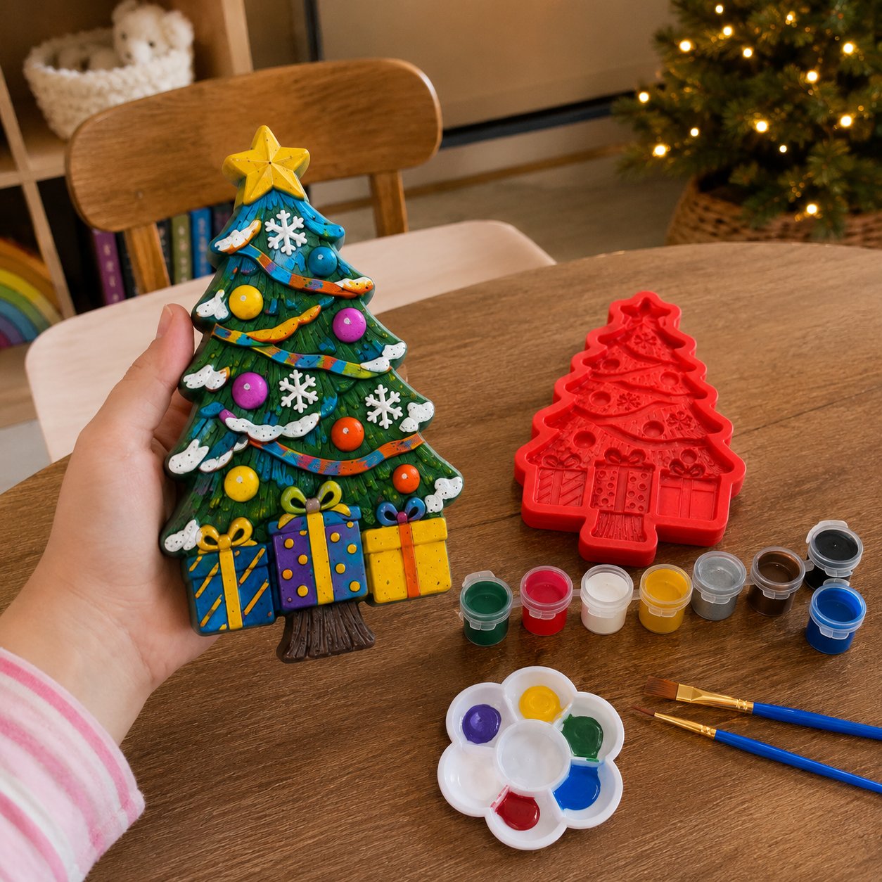 DIY Christmas Tree Mold & Paint Craft Kit | Reusable 3D Mold with 8 Acrylic Paints, 2 Brushes & Festive Detail Guide