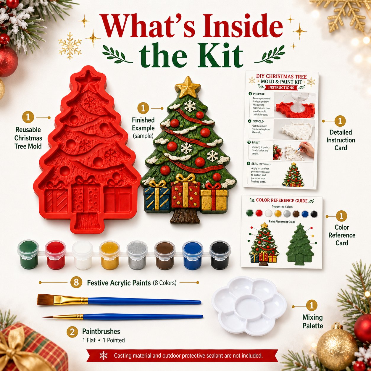 DIY Christmas Tree Mold & Paint Craft Kit | Reusable 3D Mold with 8 Acrylic Paints, 2 Brushes & Festive Detail Guide