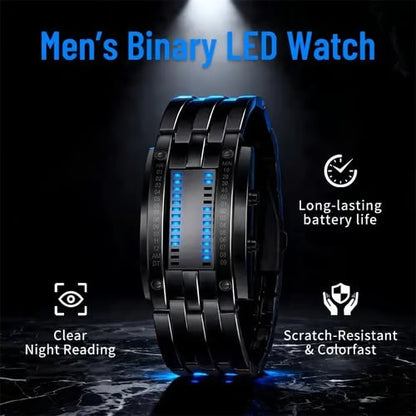 Binary LED Digital Watch, Square Face with Stainless Zinc Alloy Band, Unisex Casual Timepiece