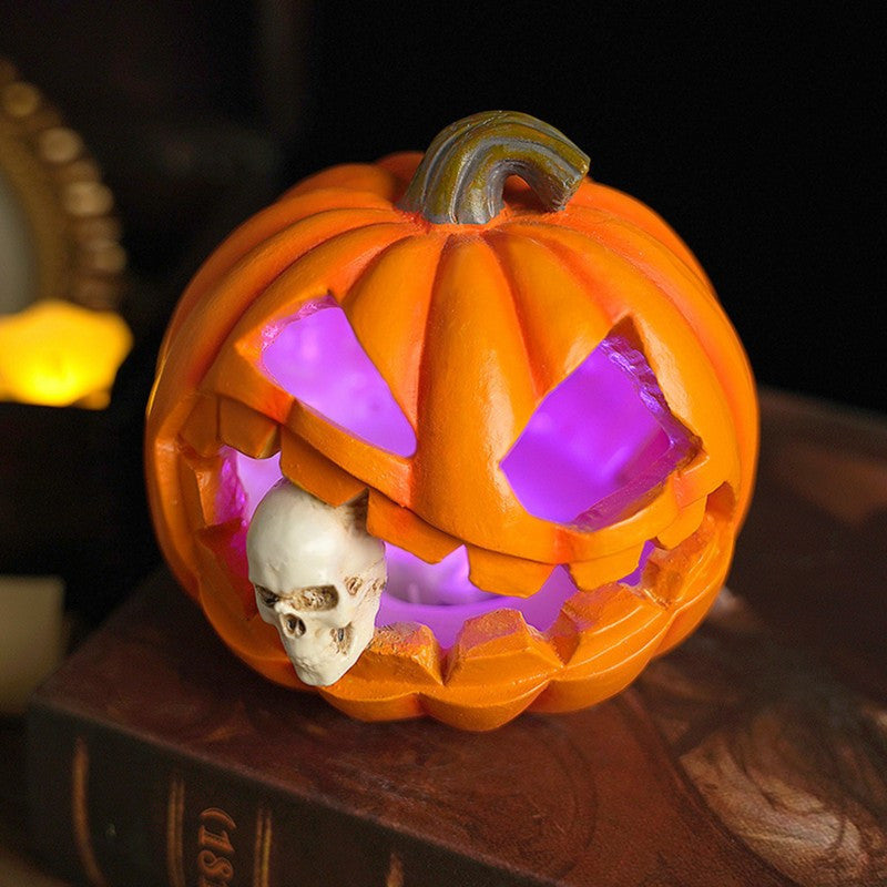 Carved Jack O'Lantern Ornament with Skull Insert and Resin Construction