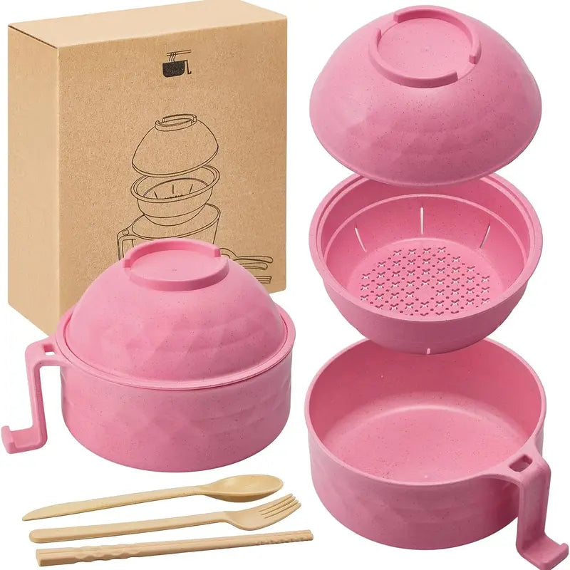Microwave Ramen Bowl Set with Secure Lid and Cool Handle, 6-Piece Set