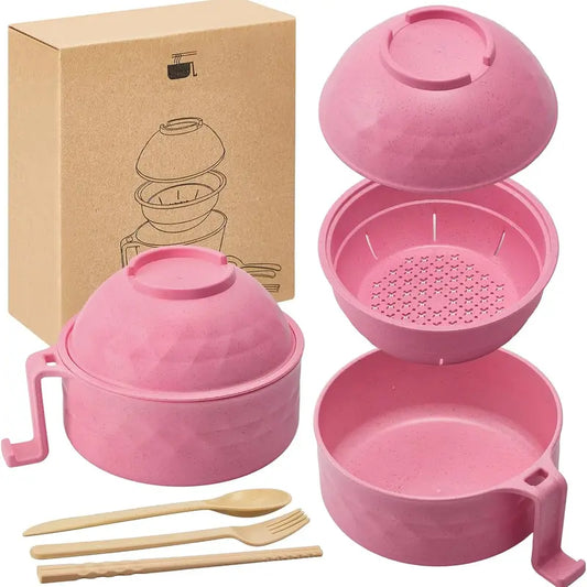 Microwave Ramen Bowl Set with Secure Lid and Cool Handle, 6-Piece Set