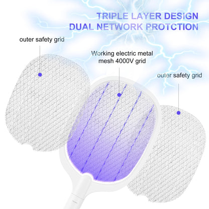 Electric Fly Swatter Racket, 4000V Bug Zapper Racket Rechargeable Fly Zapper Dual Modes Mosquito Swatter Portable with Purple Light & 3-Layer Safety Nets for Indoor & Outdoor, 1 Pack