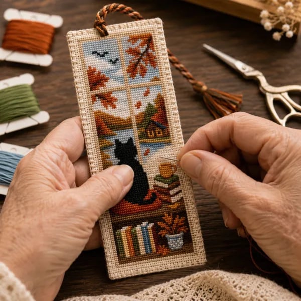 Seasonal Cat Cross Stitch Bookmark – Cozy Reading Companion
