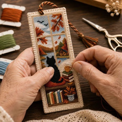 Seasonal Cat Cross Stitch Bookmark – Cozy Reading Companion