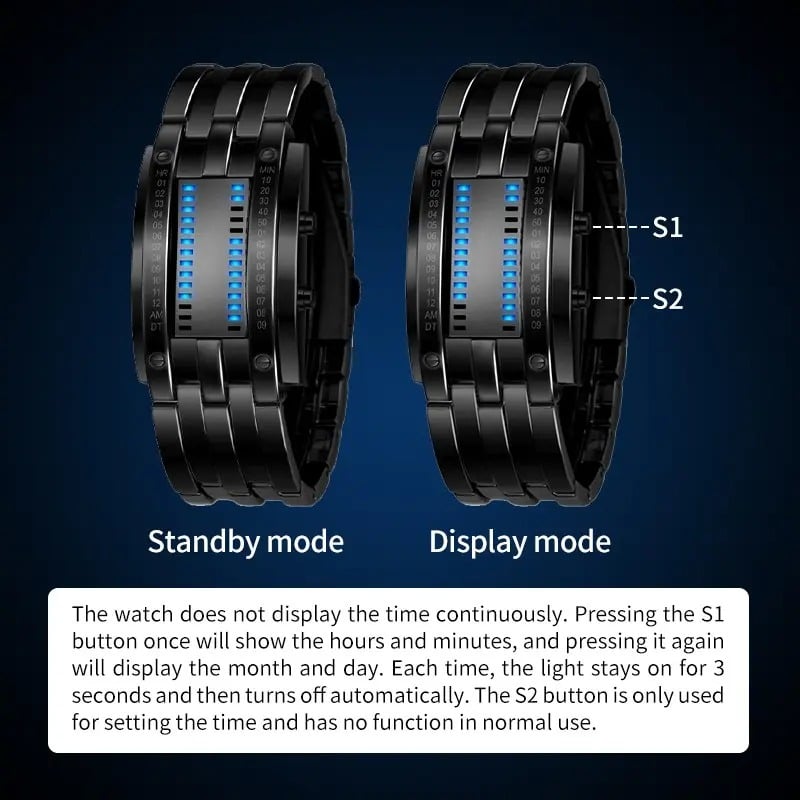 Binary LED Digital Watch, Square Face with Stainless Zinc Alloy Band, Unisex Casual Timepiece