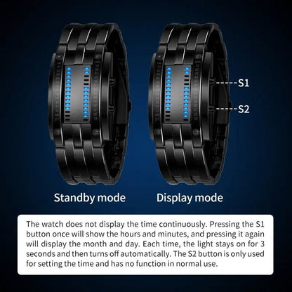 Binary LED Digital Watch, Square Face with Stainless Zinc Alloy Band, Unisex Casual Timepiece